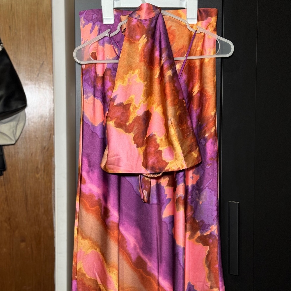 Two Piece Halter Top & Maxi Skirt Set Abstract Print Boutique
